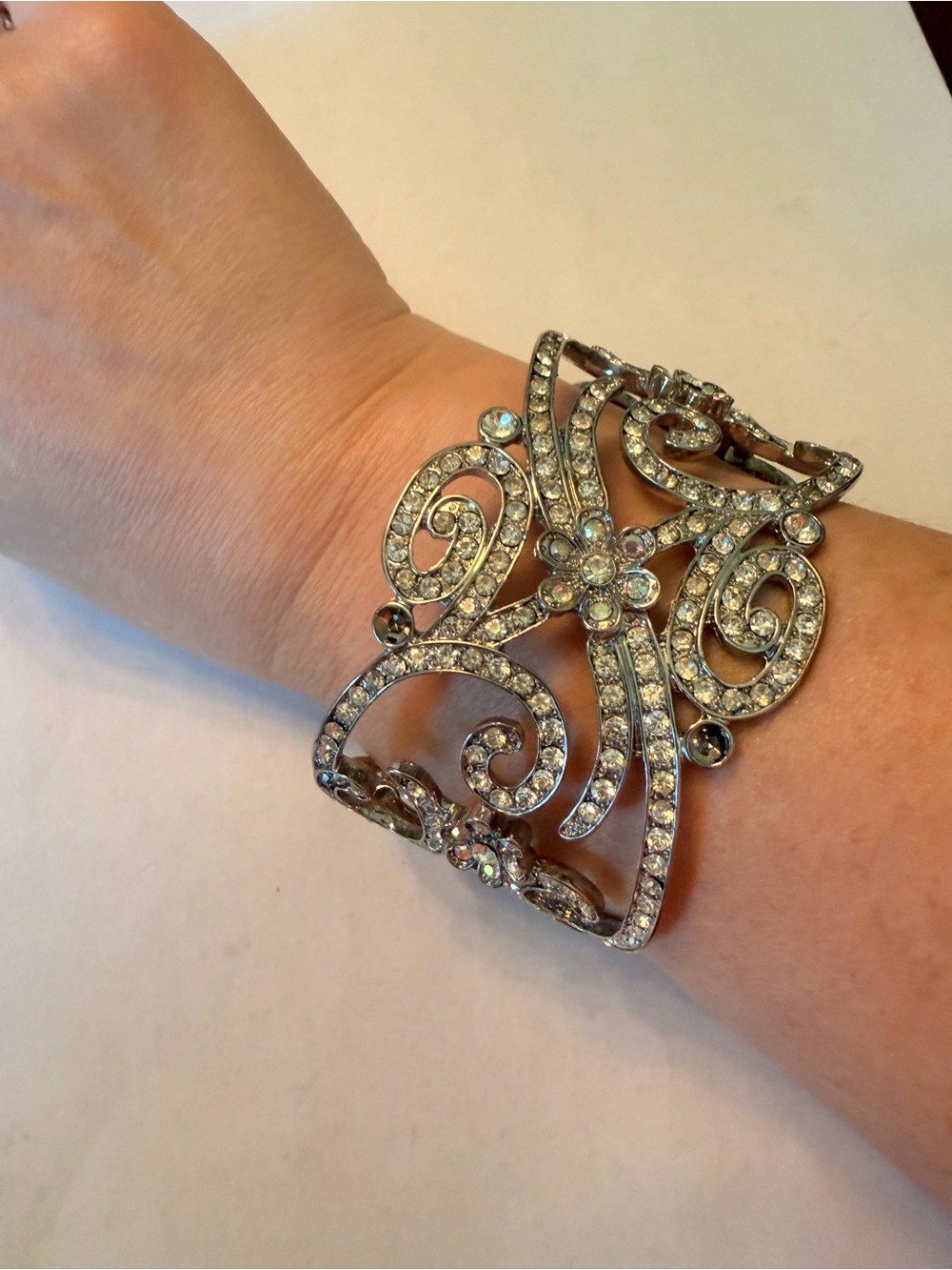 Crystal Floral Scroll Statement Bracelet - Silver Tone
